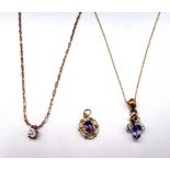 A 9ct two colour gold, amethyst and diamond set pendant, with a neckchain,