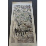 A Chinese hanging scroll picture, 20th century, printed with trees in a landscape, 67cm by 138cm.