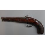 A 19th century percussion pistol by James of London, with circular steel barrel, under lever ramrod,