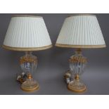 A pair of Victorian style glass and gilt metal mounted urn form table lamps, modern,