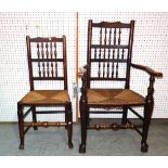 A set of six 19th century ash and elm spindle back dining chairs with rush seats, (6).
