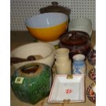 Ceramics, including; a Chinese green glass hexagonal panel vase,