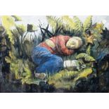 British School (20th century), A figure curled up in the undergrowth, gouache over pencil,