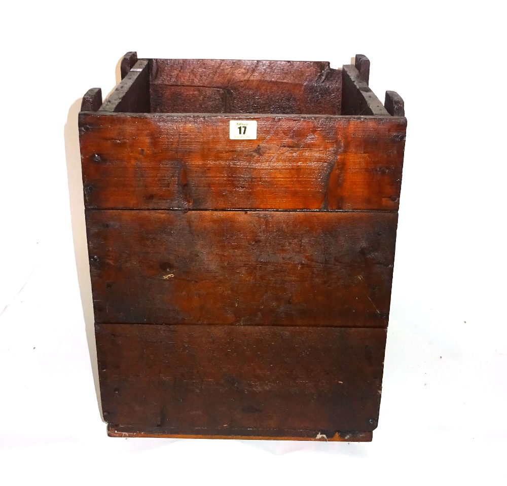 A 20th century stained pine square bucket with rope handles, 34cm wide.