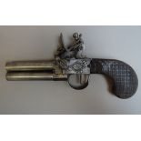 A Continental over and under flintlock pistol, circa 1790, with circular steel twist off barrels,