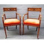 A pair of 19th century Dutch floral marquetry inlaid mahogany open armchairs,