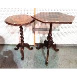 A Victorian burr walnut octagonal tripod table on turned column and three downswept carved supports,