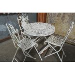 A 20th century white painted metal folding garden table 80cm wide with a matching set of four