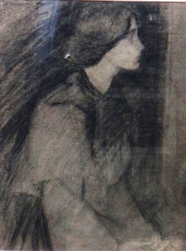 Circle of John William Waterhouse, Study of a girl, charcoal, 39cm x 30cm.