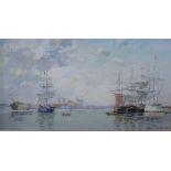 Igor Shevtsov (contemporary), Boats in Harbour, oil on board, signed in Cyrillic, 13.5cm x 25cm.