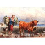 John Henry Mole (1814-1886), A farm girl with cow, calf and dog, watercolour, 18cm x 26cm.