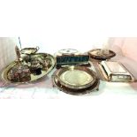 Silverplated wares, including; trays, salvers, entree dishes and sundry, (qty).