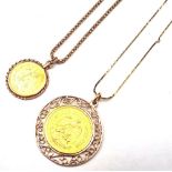 A Mexican gold ten pesos, 1907, in a gold pendant mount, with a gold neckchain,