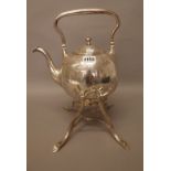 A Danish spirit kettle and stand, the kettle of spherical form, with a foldover handle,