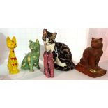 Collectables, including; a Galle style cat, a carved wooden cat and three other ceramic cats, (5).