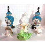 Ceramics, including; a pair of blue porcelain table lamps decorated with flowers,