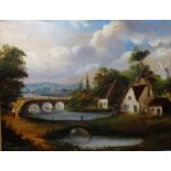 English Provincial School (19th century), River landscape with bridges and windmill, oil on canvas,