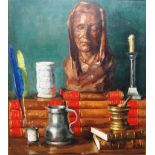 Leo van Droogenbraek, (1905-1995), Still life of books, bust, tankard and candelstick,