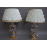 A pair of Victorian style glass and gilt metal urn form table lamps, modern,