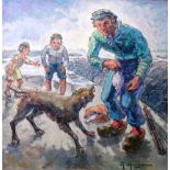 Albert Hagers (1915-2005), Family and dog on the coast, oil on canvas, signed, 59cm x 59cm.