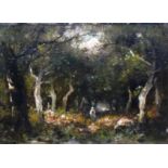 Follower of Narcisse Virgile Diaz de la Pena, Figurein a wooded clearing, oil on panel, 14cm x 19.