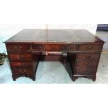 A 20th century mahogany pedestal desk with inset green leather top, 153cm wide x 75cm high.
