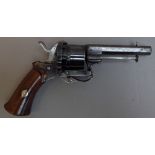 A 19th century Belgian six shot pinfire revolver or Velo Dog, with octagonal barrel,