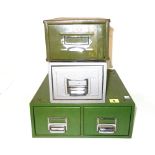A 20th century green painted metal two drawer filing box and two single drawer metal filing boxes,