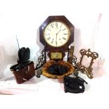 Collectables, including a 19th century 8 day wall clock, a large burr wood bowl, binoculars,