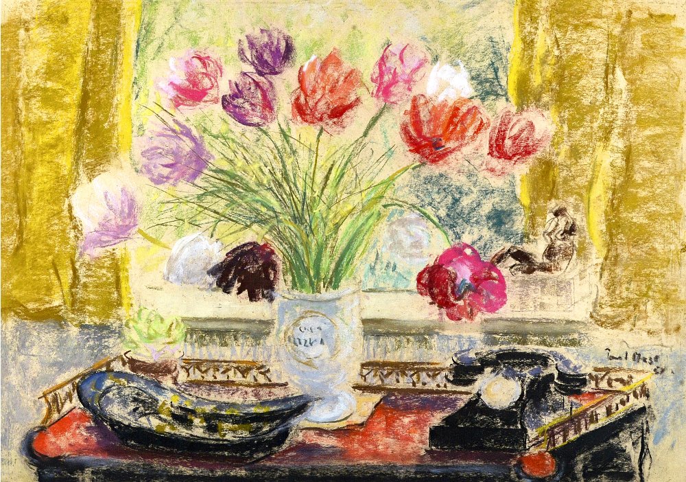 Paul Lucien Maze (1887-1979), Still life of flowers and black telephone, pastel,