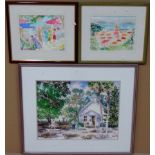 A group of six, including a watercolour of a colonial church signed Phil Fisher,