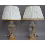 A pair of Victorian style glass and gilt metal urn form table lamps, modern,