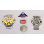 A Sunbeam Motor Cycle Club blue enamel and chrome badge, 7cm wide, two AA badges, St.