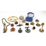 A selection of costume jewellery, including; a silver RAF wings brooch, a silver pendant,