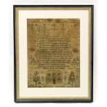 A needlework sampler, worked by Mary Ann Genge 1827, with a religious text,