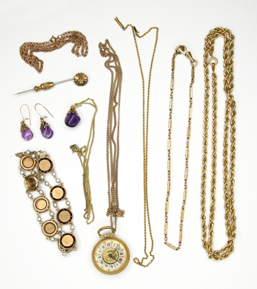 A selection of costume jewellery, including: a fob watch and chain,