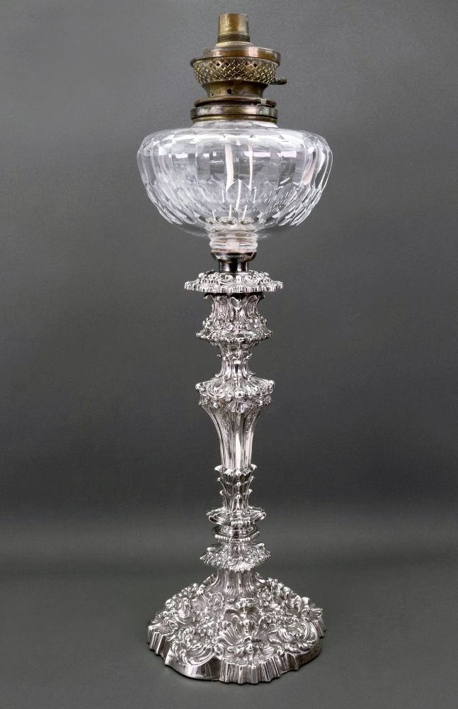 A late Victorian silver table oil lamp, marks rubbed, probably London 1897,