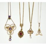 A gold, purple gemset and seed pearl necklace, possibly stamped 9ct, a very fine chain (broken),