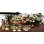 Two Ostrich eggs, two pairs of Victorian brass candlesticks,