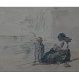 Manner of Eugene Boudin, Femme avec enfants, pencil and wash, 8.5cm x 10.5cm.