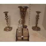 Plated wares, comprising; a four bottle cruet, with a square stand, having a loop shaped handle,