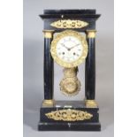 A French ebonised Portico mantel clock, late 19th century, ormolu mounted,