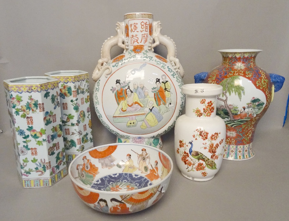 Asian ceramics, including; a pair of hexagonal vases, various dishes, vases,