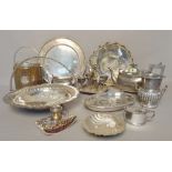 Silver plated wares, including; a large quantity of flatware, entree dishes, a part tea set,
