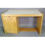 A 20th century oak kneehole desk with single drawer over cupboard, 120cm wide x 72cm high.