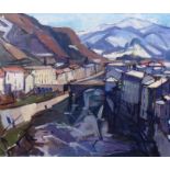 Continental School (20th century), A Swiss mountain town, oil on canvas, indistinctly signed,