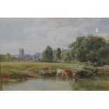 Thomas Pyne (1843-1935), Cattle watering, watercolour, signed and dated '97, 23cm x 34cm.