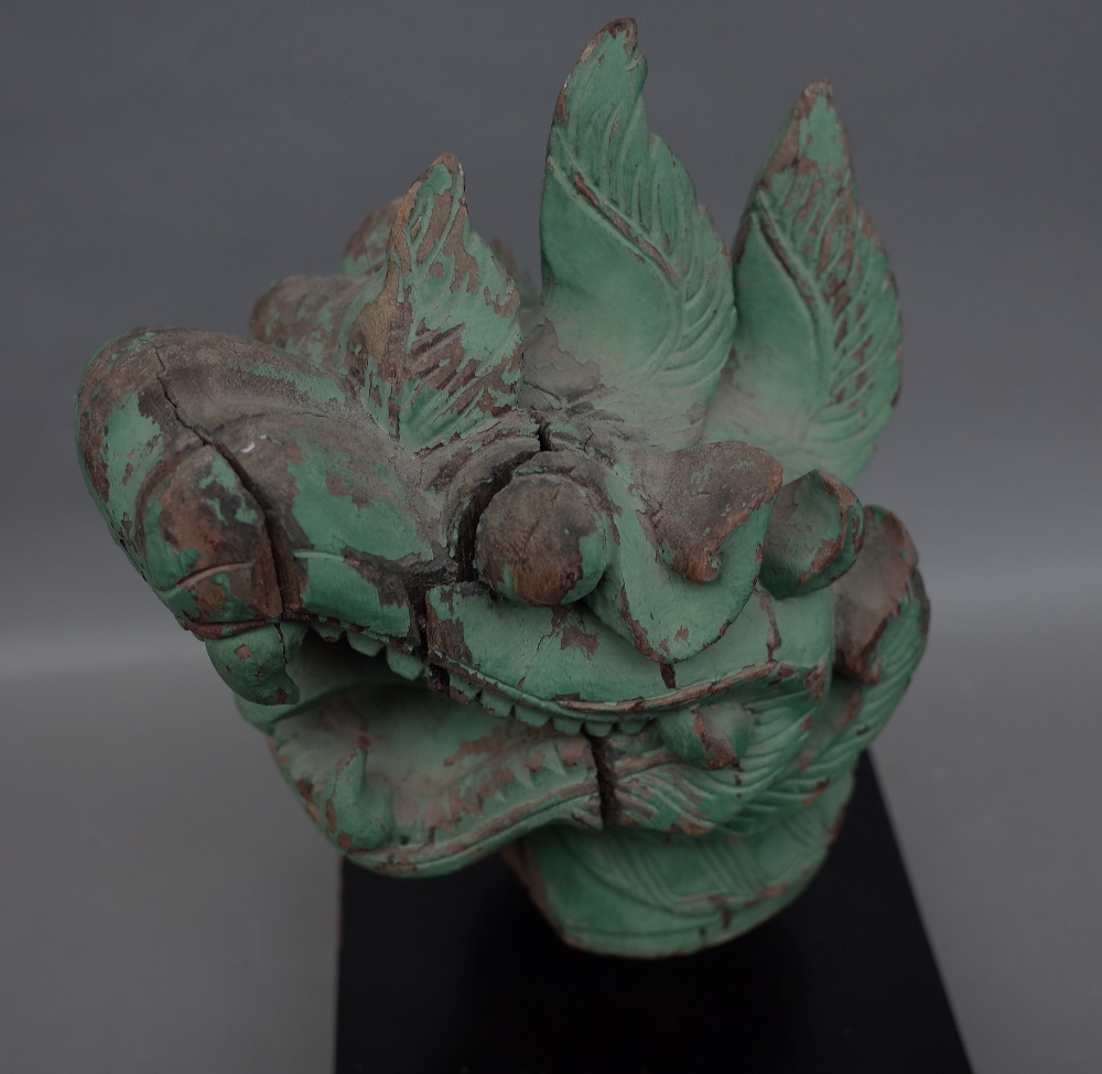 A green painted carved wooden Chinese dragon head, distressed, - Image 2 of 2