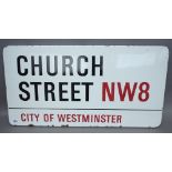 A London enamel street sign 'CHURCH STREET NW8 CITY OF WESTMINSTER', 86cm x 45cm.