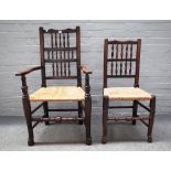 A matched set of eight Lancashire ash framed bobbin back dining chairs on turned supports,